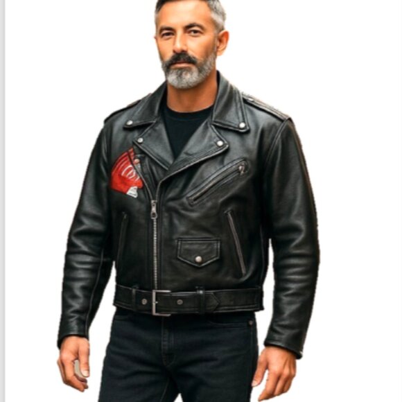 FMC VTG Black Leather Motorcycle Biker Jacket Sz 42 (L) Quilt Lined Patches - Picture 1 of 12